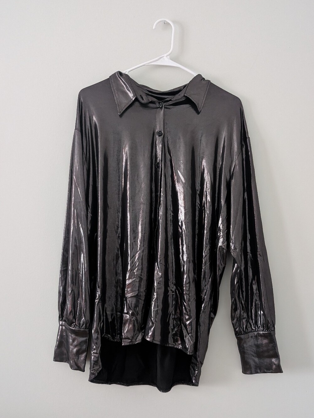 Anthropologie Black Liquid Shine Button Front Blouse